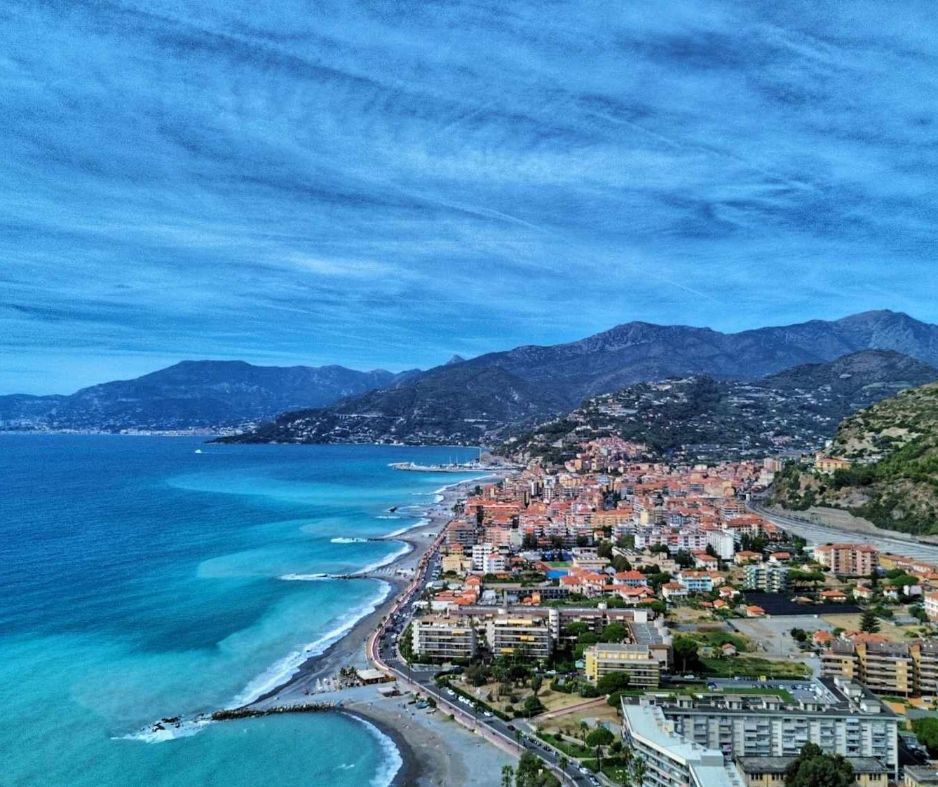 Aerial view Mediterranean coast between Nice Monaco Italy