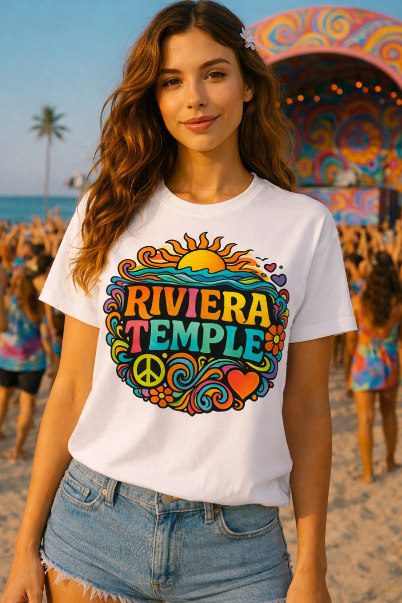 Woman in Riviera Temple psychedelic t-shirt