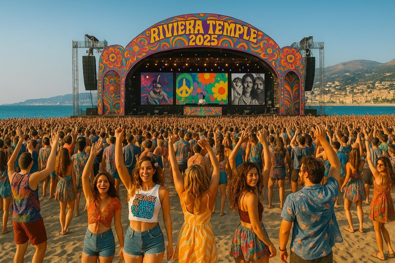 Riviera Temple psychedelic stage on Mediterranean beach